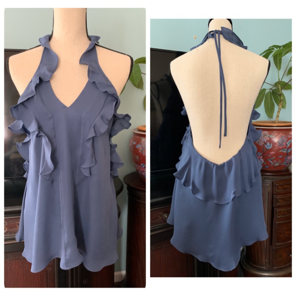 L’agence silk blue top open back large frill sexy